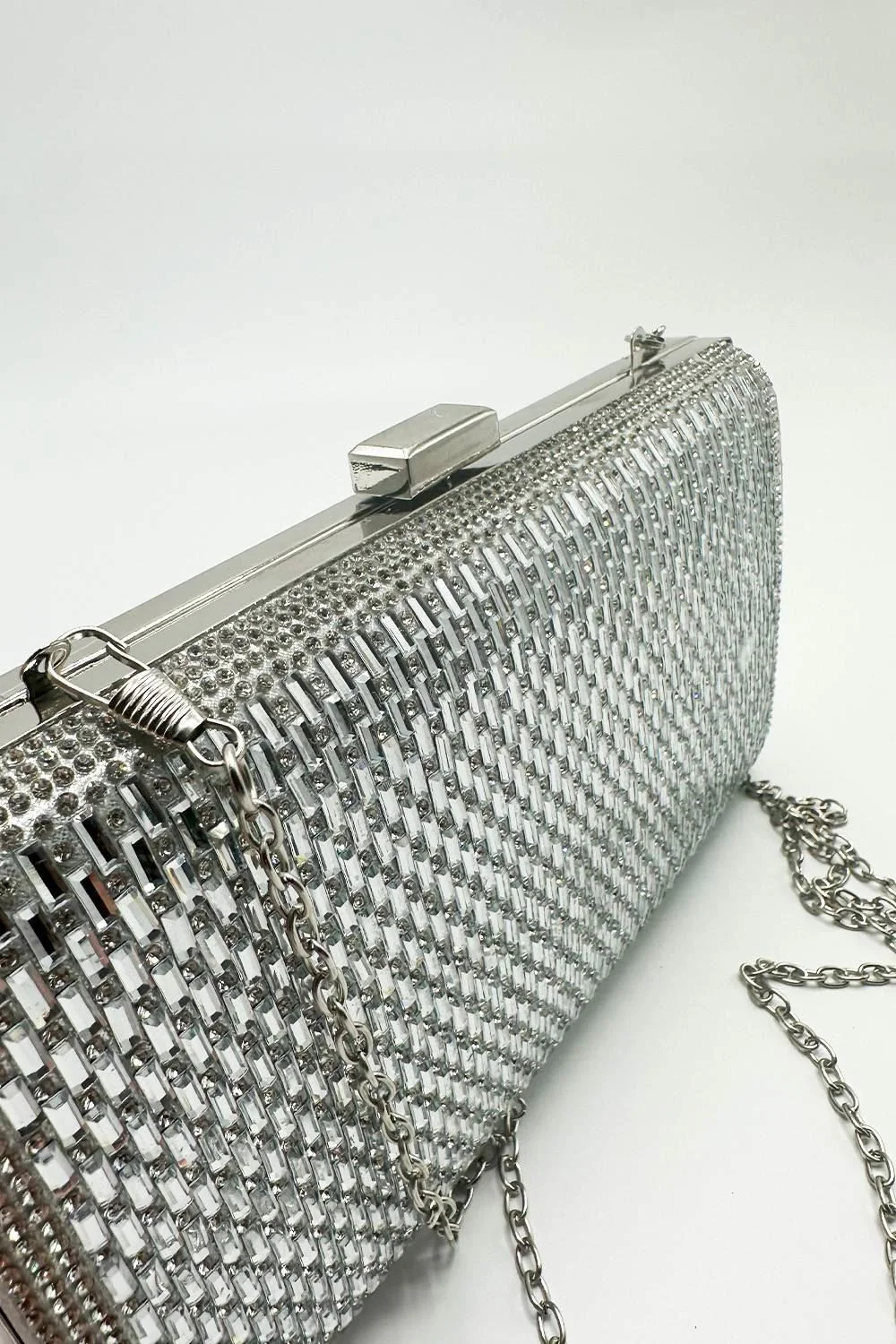 Goya Diamante Embellished Rectangle Clutch Bag in Silver - Image 4