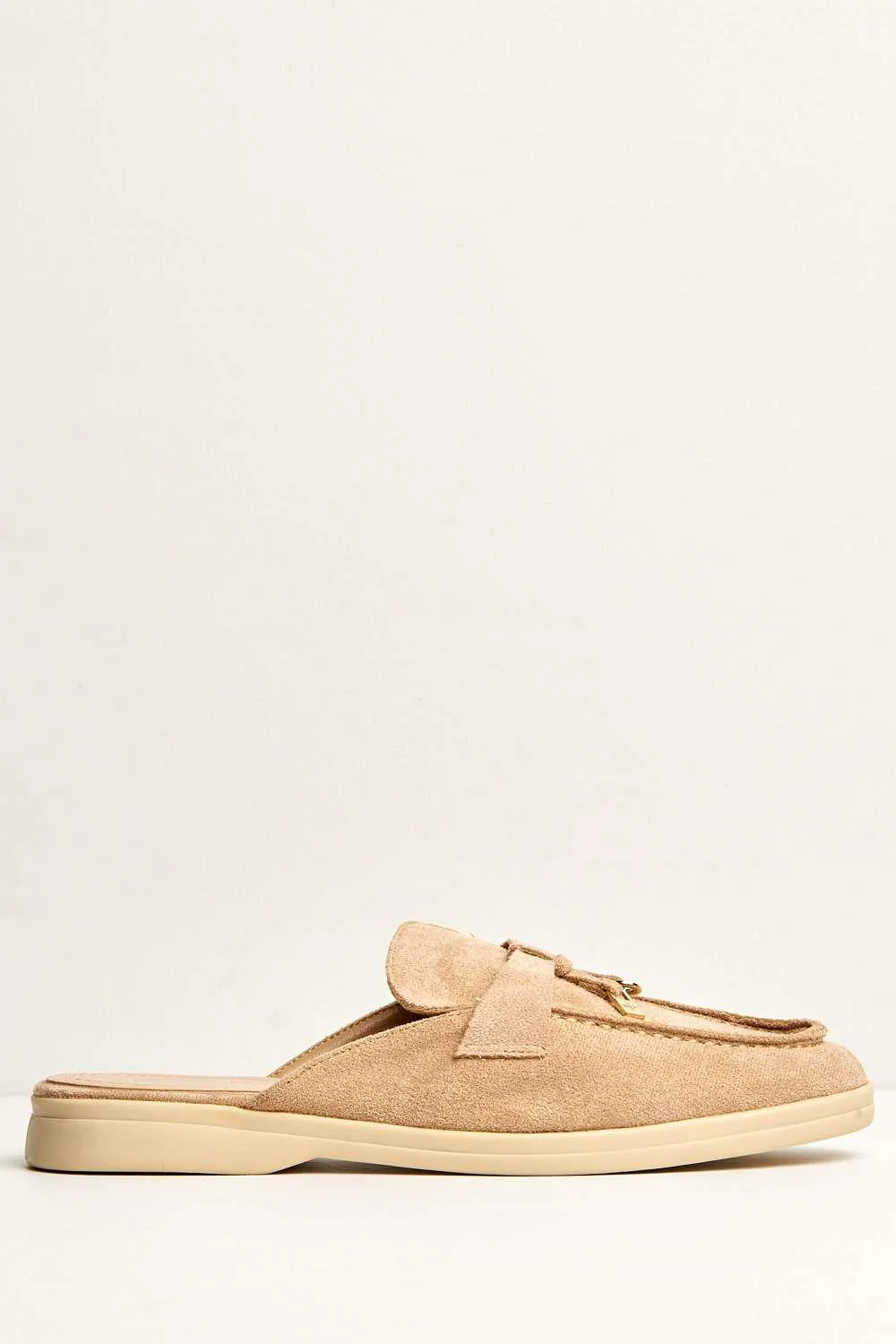 Deejah Padlock Chain Backless Flat Mule in Khaki Suede - Image 4