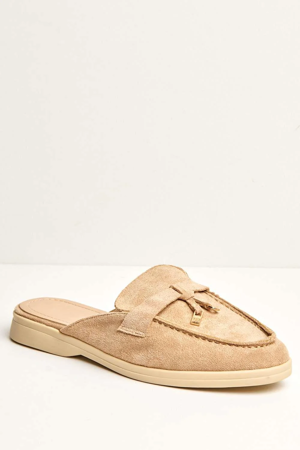 Deejah Padlock Chain Backless Flat Mule in Khaki Suede - Image 5