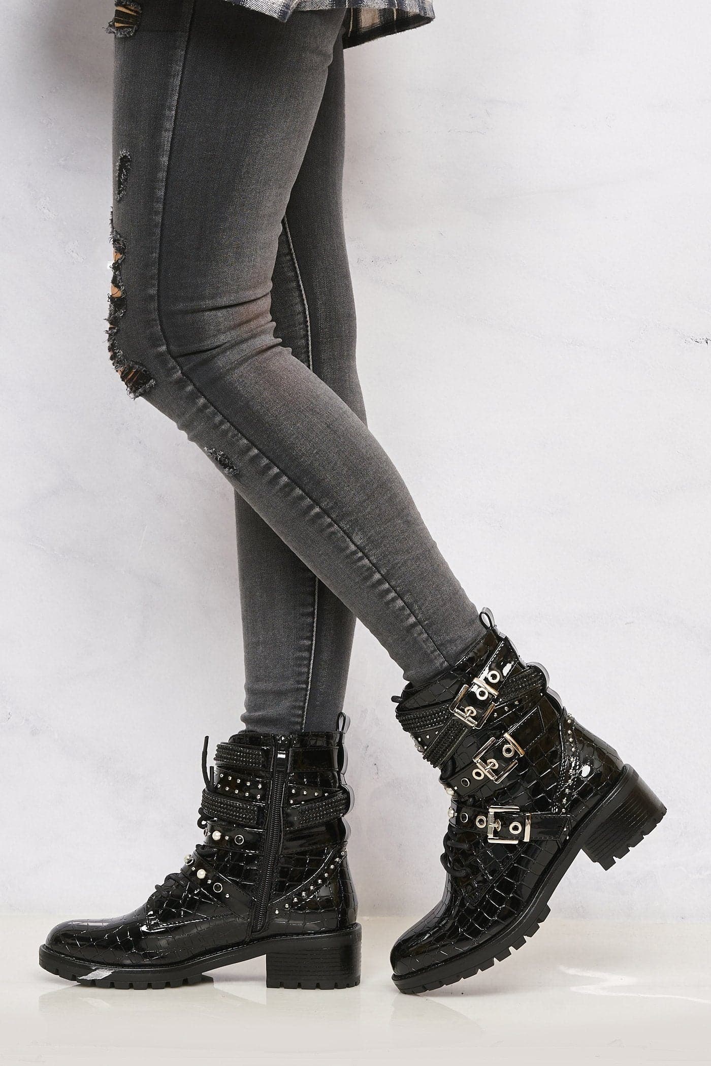 Hailey Diamante Crossover Laceup Biker Boot in Black Croc - Image 3