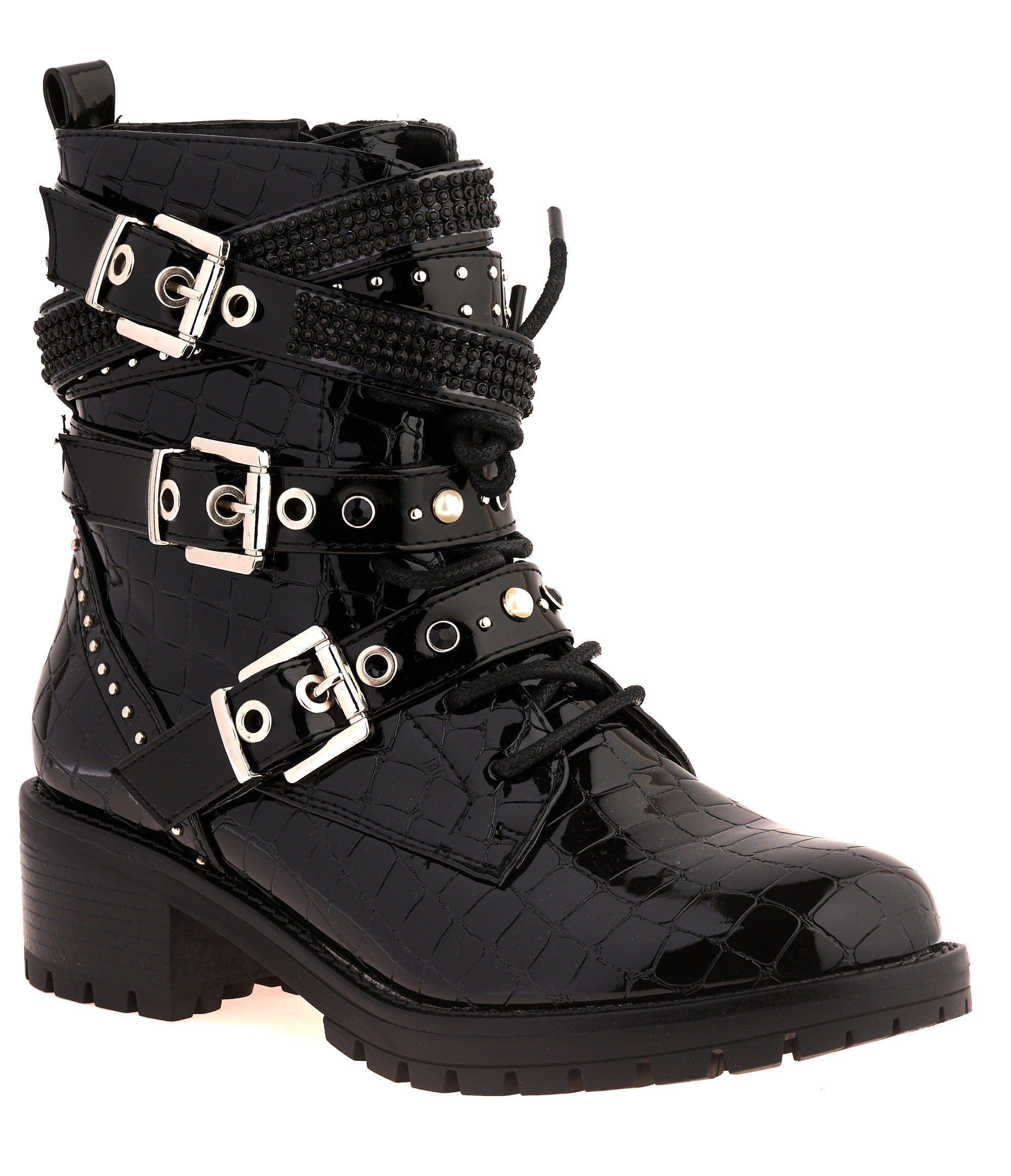 Hailey Diamante Crossover Laceup Biker Boot in Black Croc - Image 5