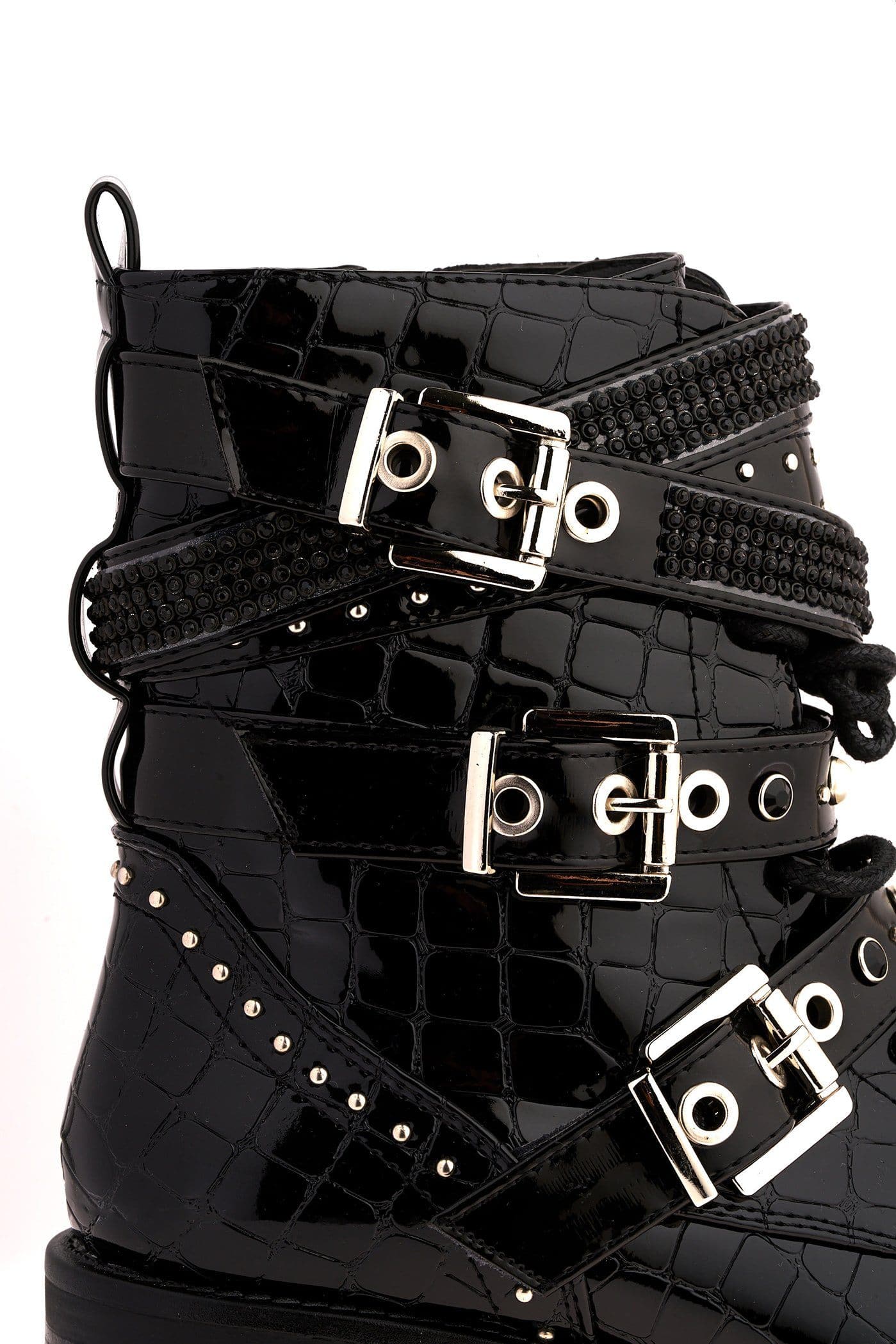 Hailey Diamante Crossover Laceup Biker Boot in Black Croc - Image 6