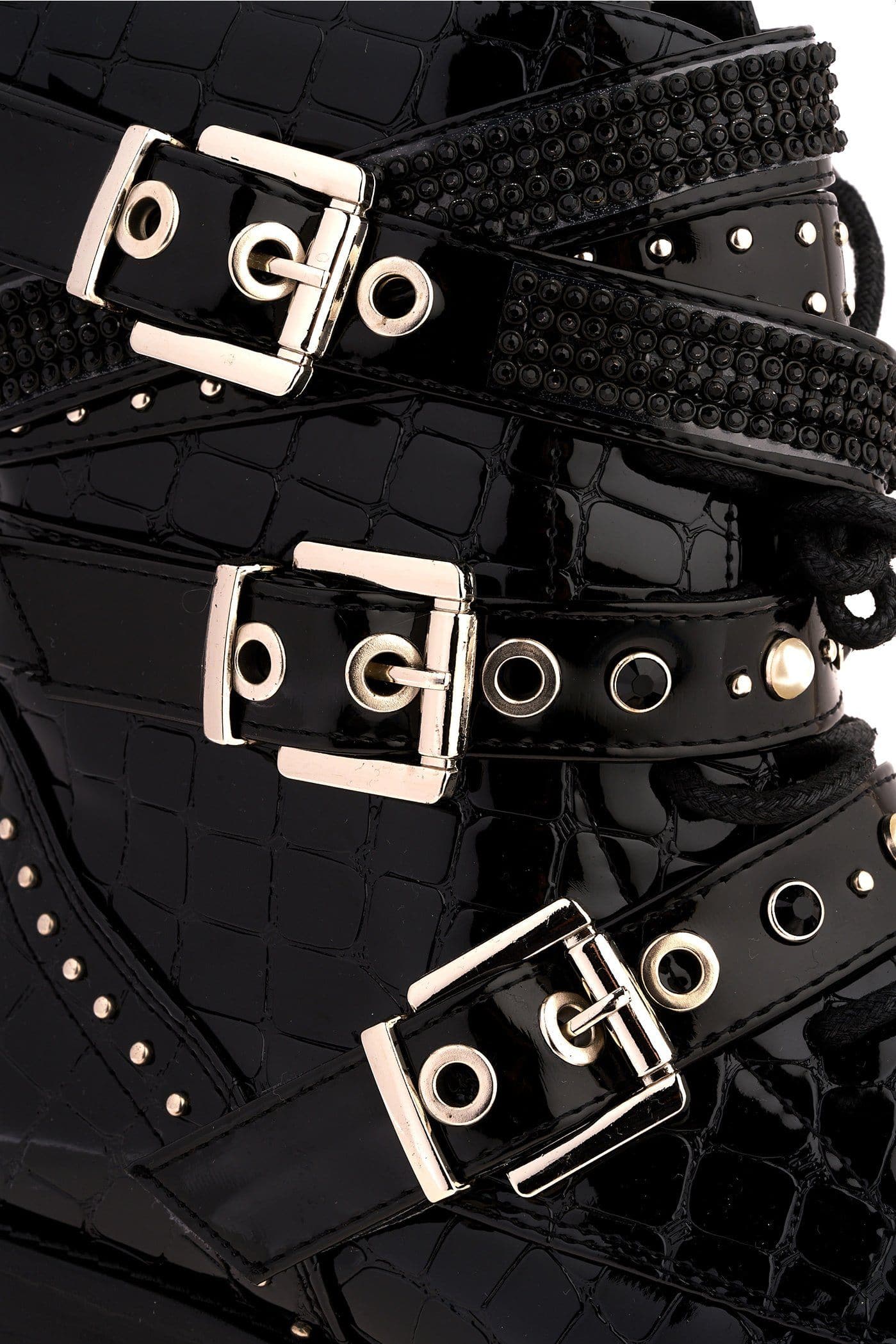 Hailey Diamante Crossover Laceup Biker Boot in Black Croc - Image 7