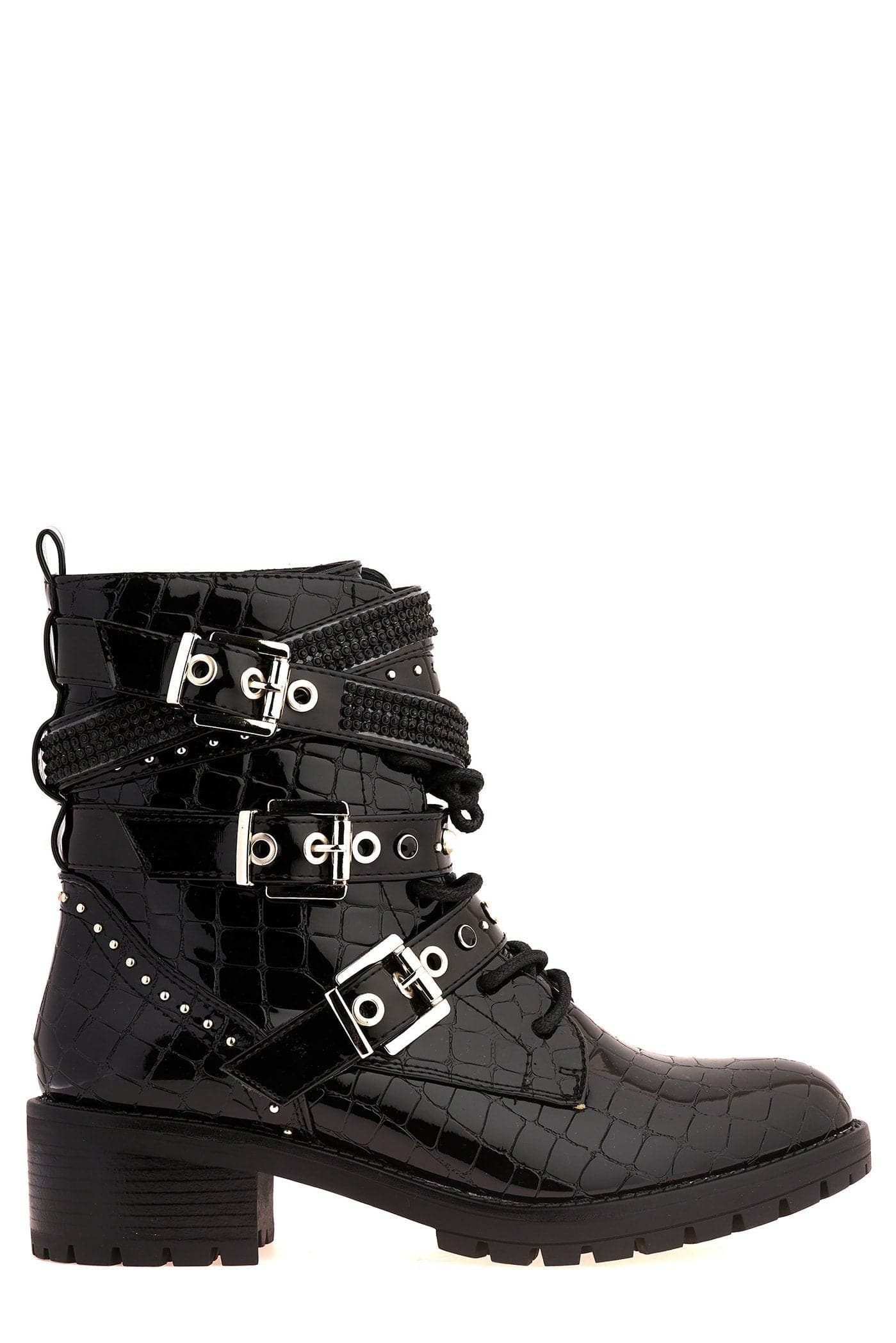 Hailey Diamante Crossover Laceup Biker Boot in Black Croc - Image 8
