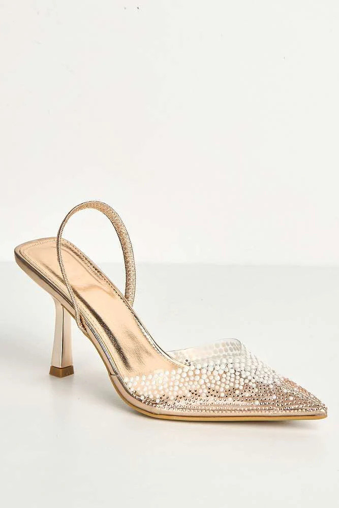 Hali Diamante & Pearl Embellished Perspex Pointy Shoes in Champagne - Image 4