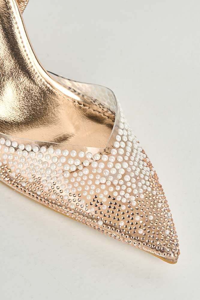 Hali Diamante & Pearl Embellished Perspex Pointy Shoes in Champagne - Image 5