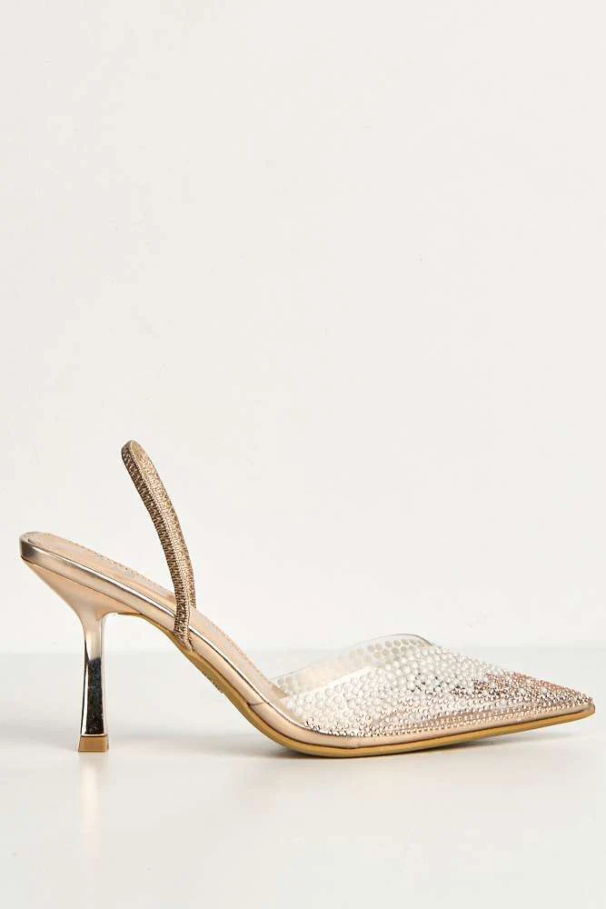 Hali Diamante & Pearl Embellished Perspex Pointy Shoes in Champagne - Image 6