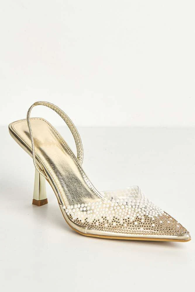 Hali Diamante & Pearl Embellished Perspex Pointy Shoes in Gold - Image 4