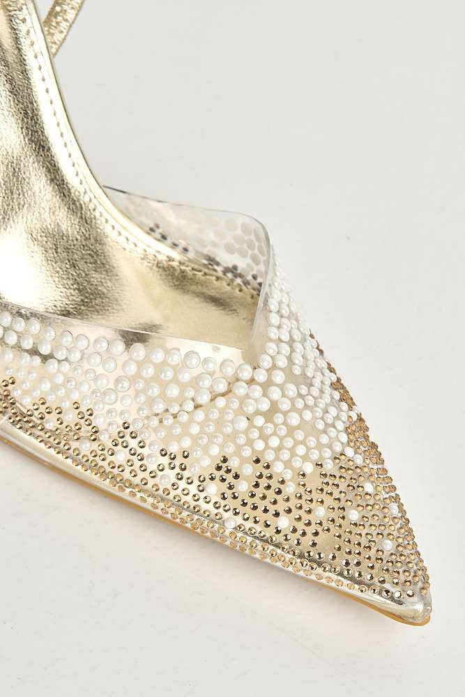 Hali Diamante & Pearl Embellished Perspex Pointy Shoes in Gold - Image 5