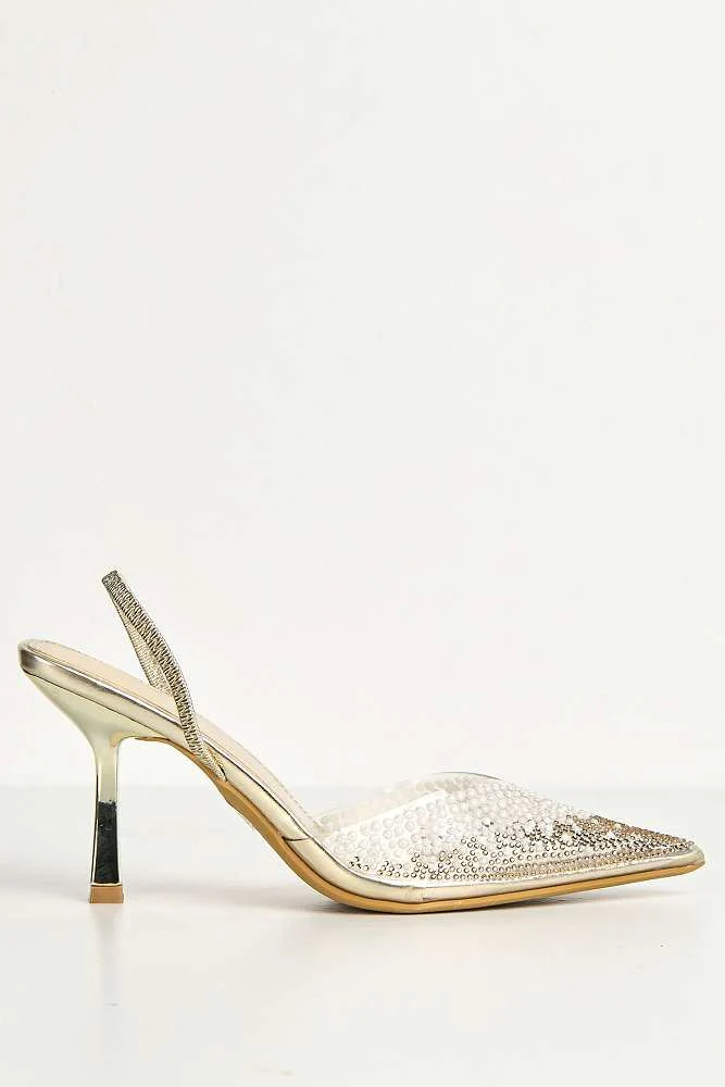 Hali Diamante & Pearl Embellished Perspex Pointy Shoes in Gold - Image 6