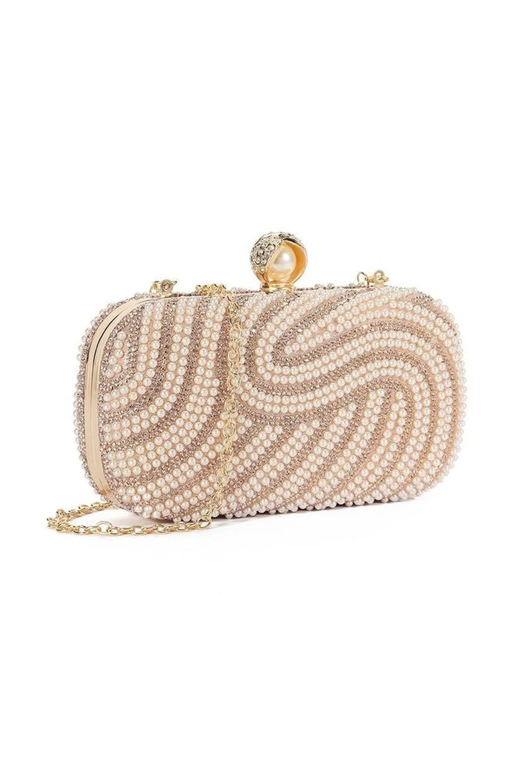Halia Pearl & Diamante Encrusted Clutch in Rose Gold