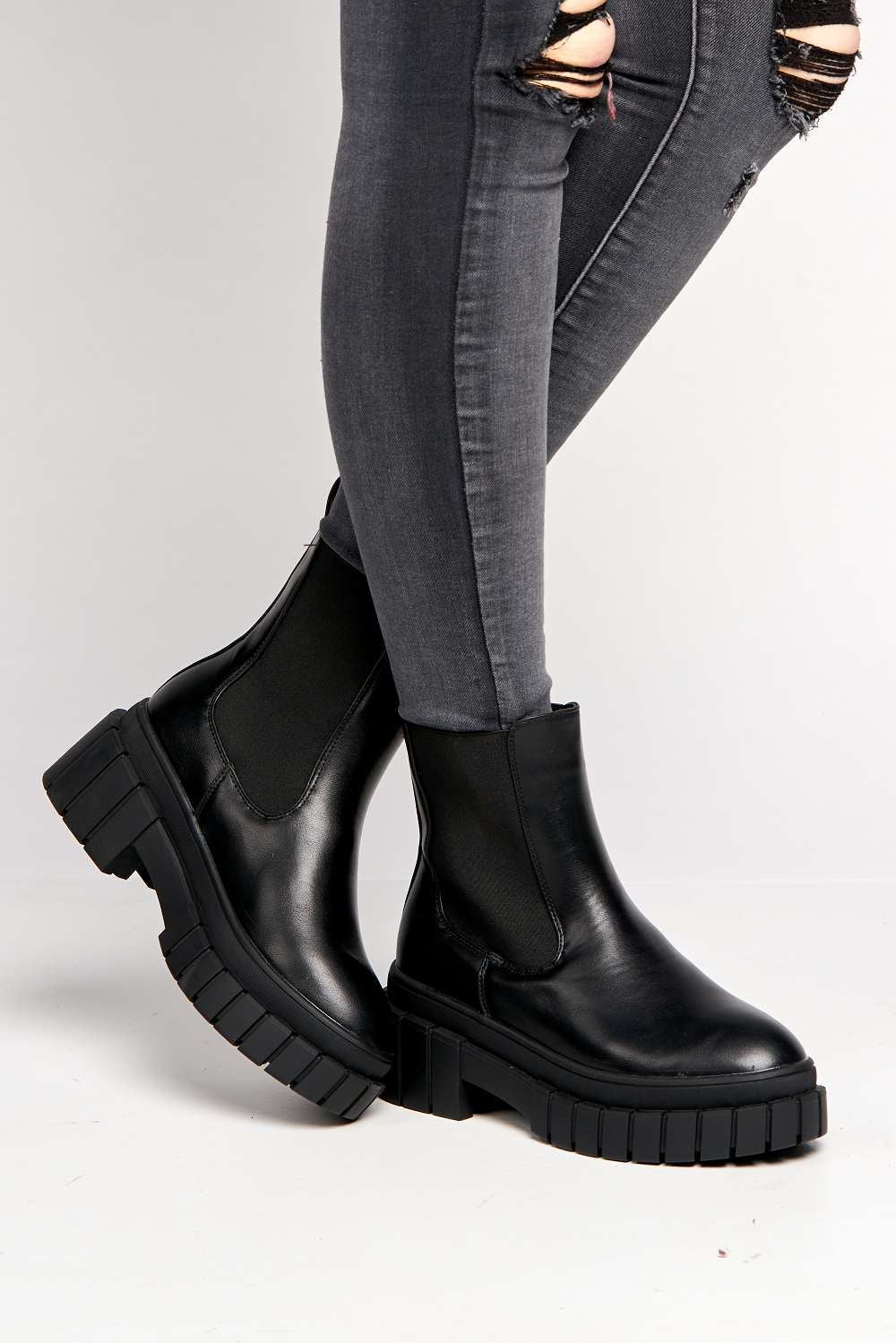 Halya Chunky Sole Slip-On Ankle Boots in Black Matt - Image 2