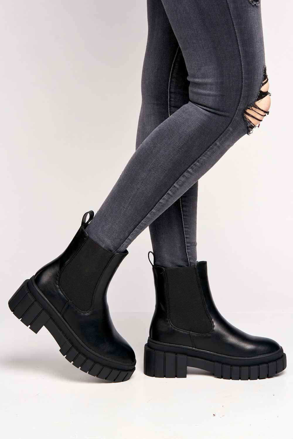 Halya Chunky Sole Slip-On Ankle Boots in Black Matt - Image 3