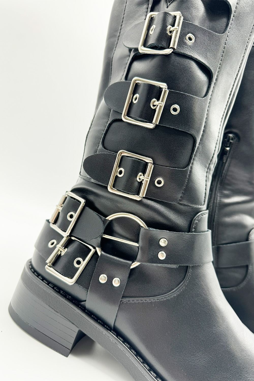 Harrla Buckle Detailing Biker Ankle Boots in Black Matt - Image 5