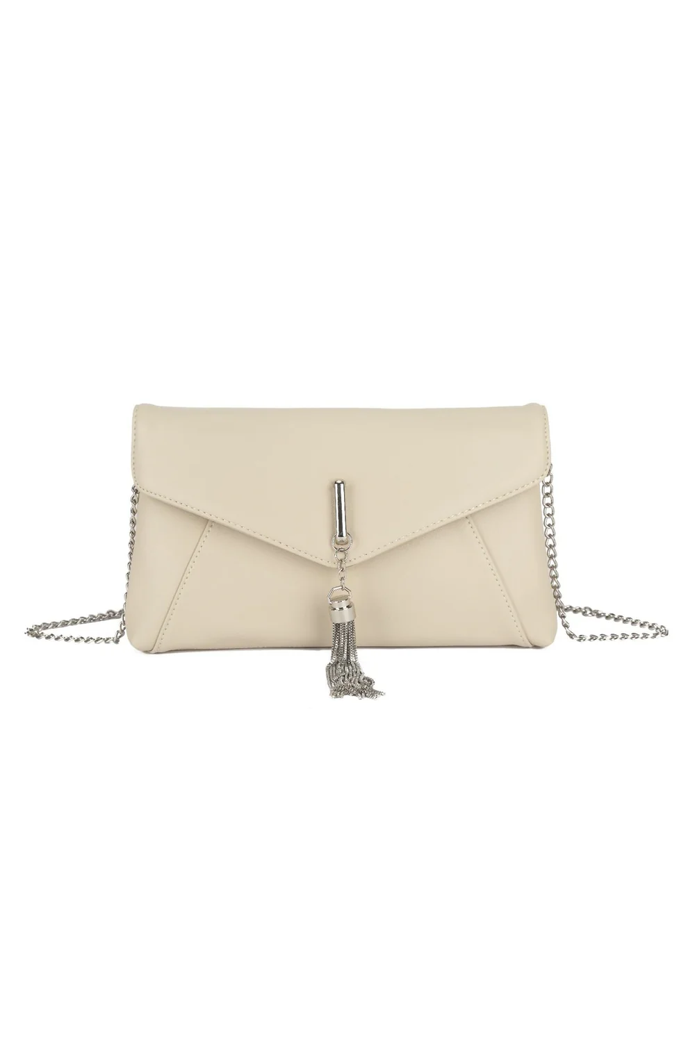 Helena Envelope Tassel Clutch Bag in Beige