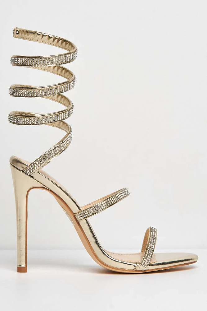 Hellena Diamante Embellished Women's Heeled Sandals in Gold - Image 5