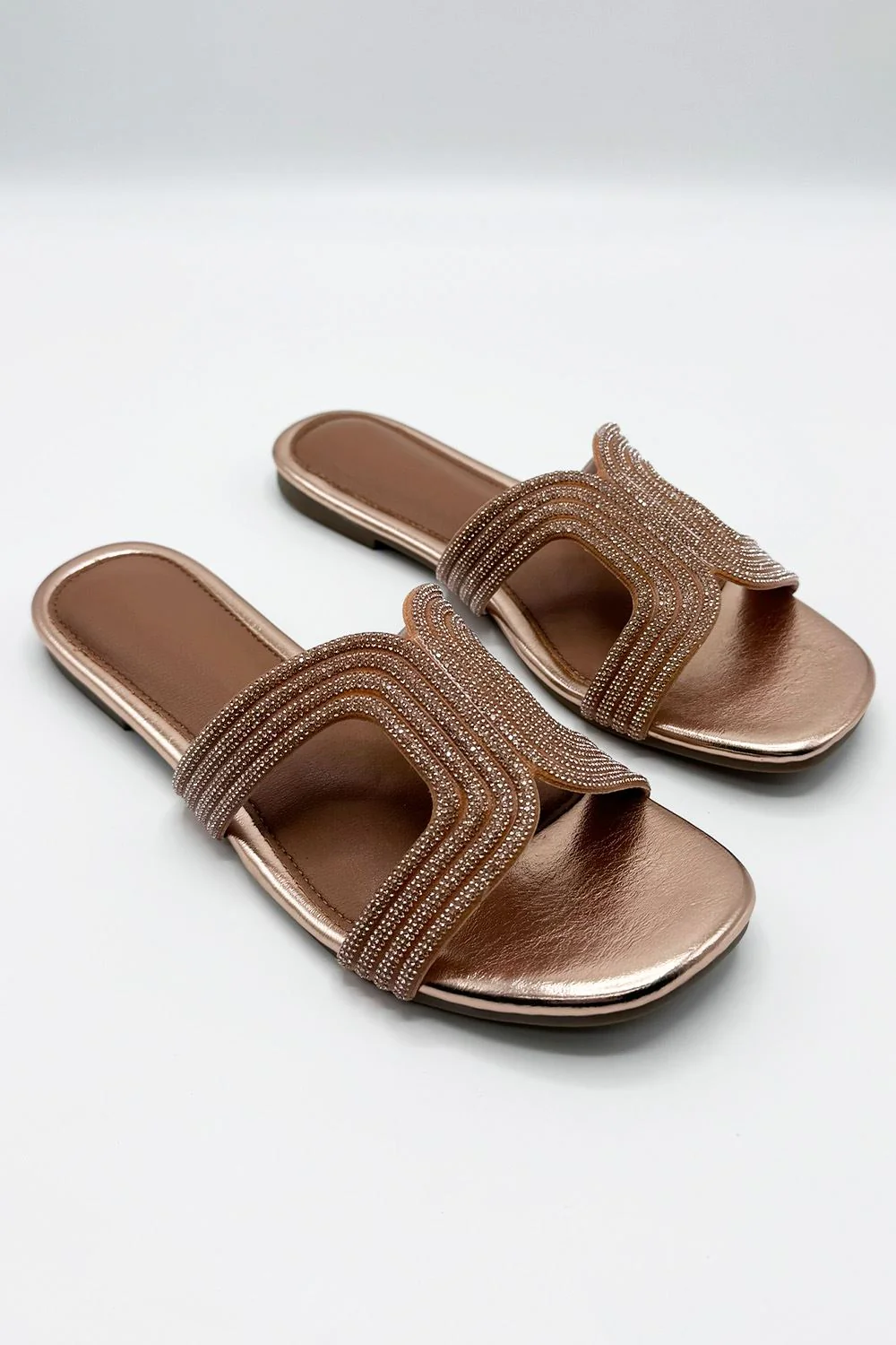 Hera Diamante Embellished Cut-Out Sliders in Rose Gold