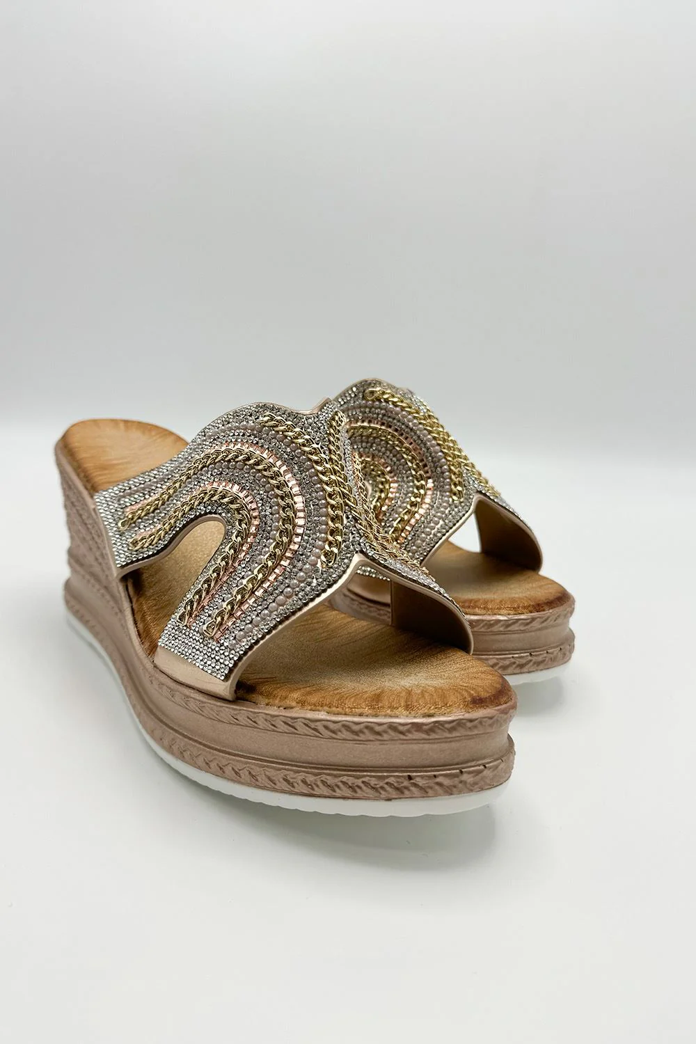 Hestia Diamante Strap Wedge Mules in Rose Gold - Image 3