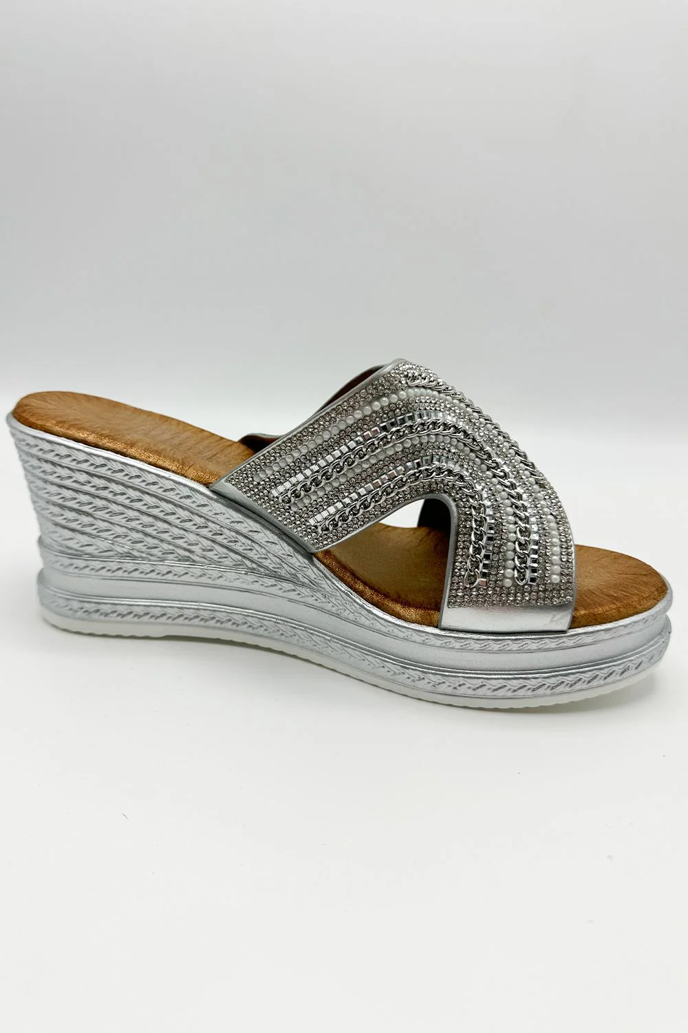 Hestia Diamante Strap Wedge Mules in Silver - Image 2