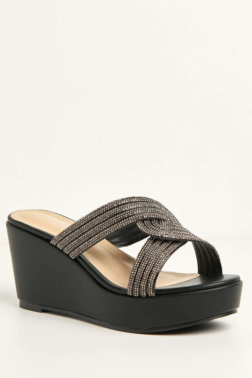 Hollie Diamante Embellished Wedge Mules in Black - Image 4