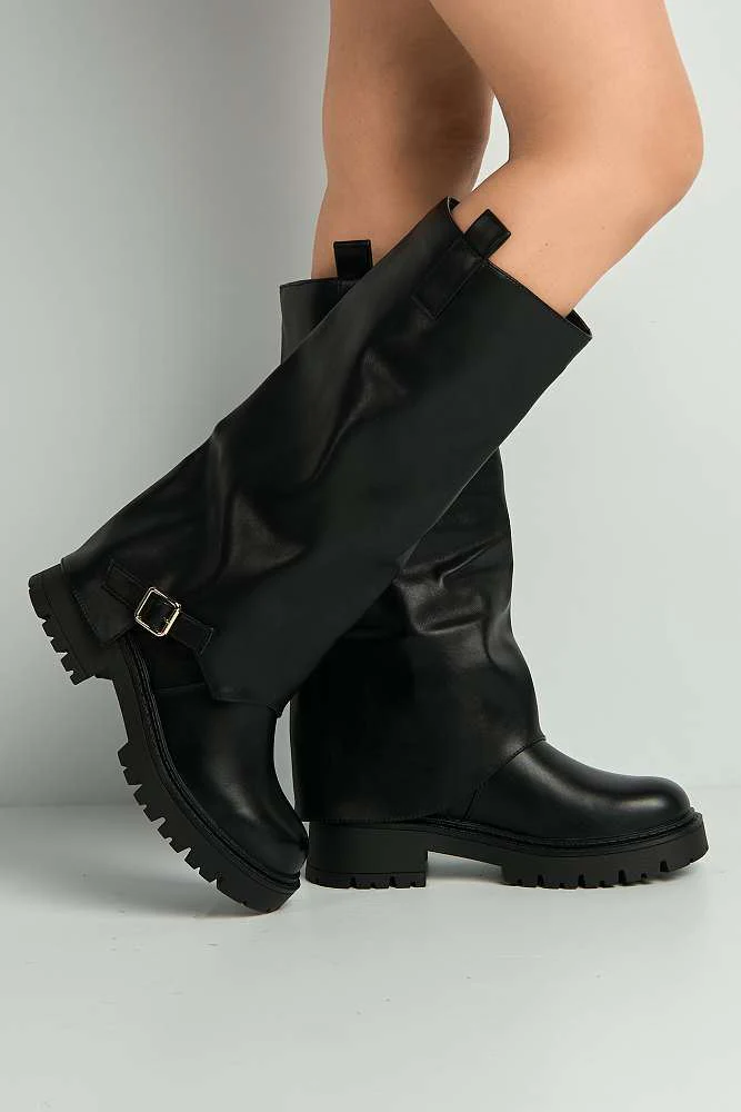 Ianira Cleated Sole Buckle Knee High Boots in Black - Image 3