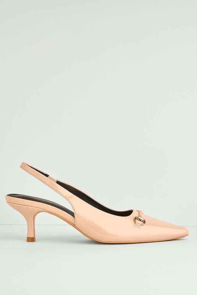 Ilana Horsebit Detail Pointed Toe Kitten Court Shoes in Nude - Image 6