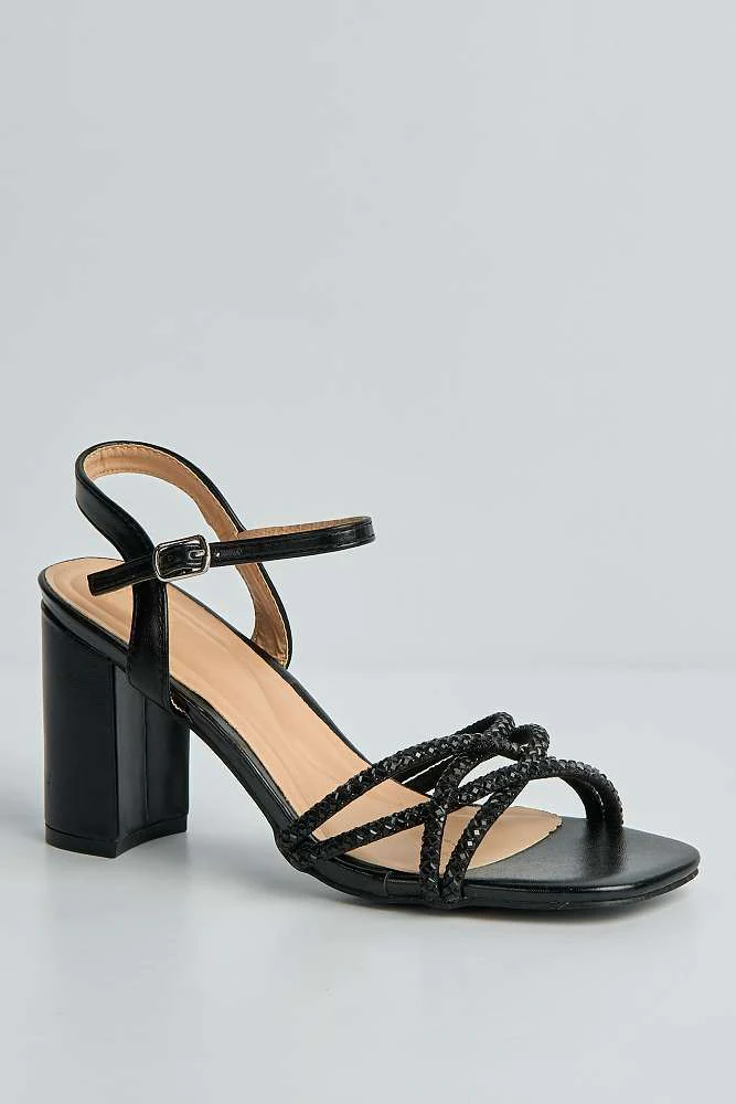 Indie Diamante Criss-Cross Strap Block Heel Sandals in Black - Image 3