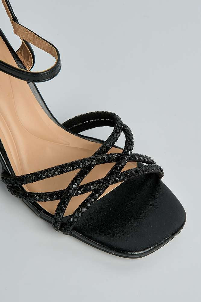 Indie Diamante Criss-Cross Strap Block Heel Sandals in Black - Image 4