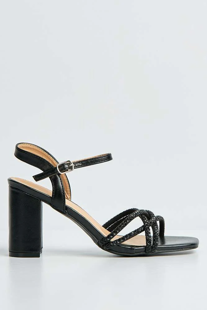 Indie Diamante Criss-Cross Strap Block Heel Sandals in Black - Image 5