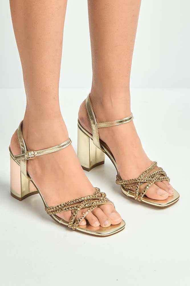 Indie Diamante Criss-Cross Strap Block Heel Sandals in Gold