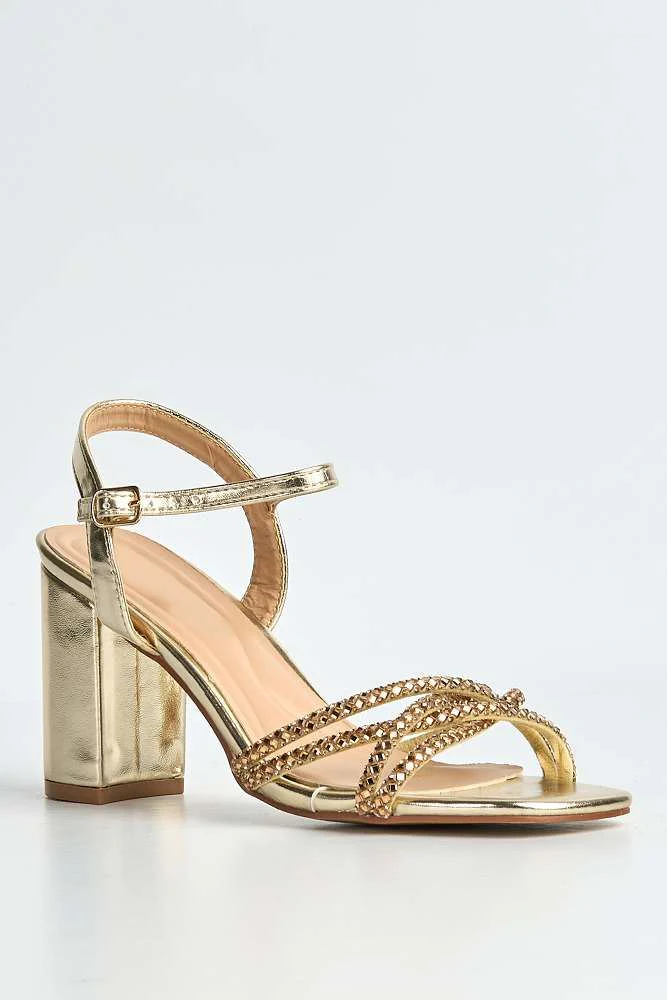 Indie Diamante Criss-Cross Strap Block Heel Sandals in Gold - Image 4