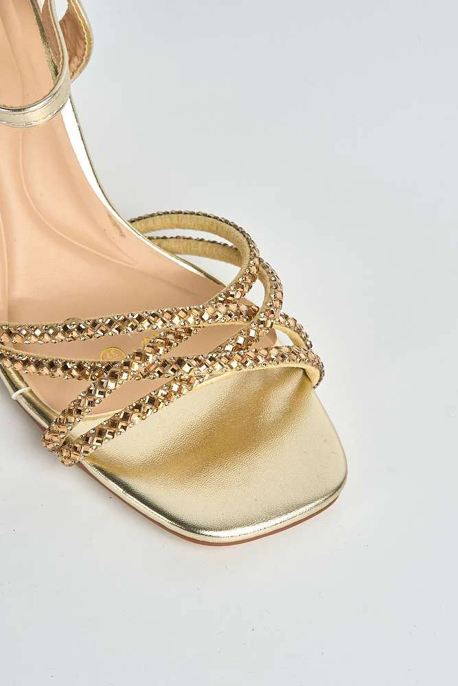 Indie Diamante Criss-Cross Strap Block Heel Sandals in Gold - Image 5