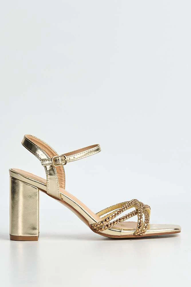 Indie Diamante Criss-Cross Strap Block Heel Sandals in Gold - Image 6