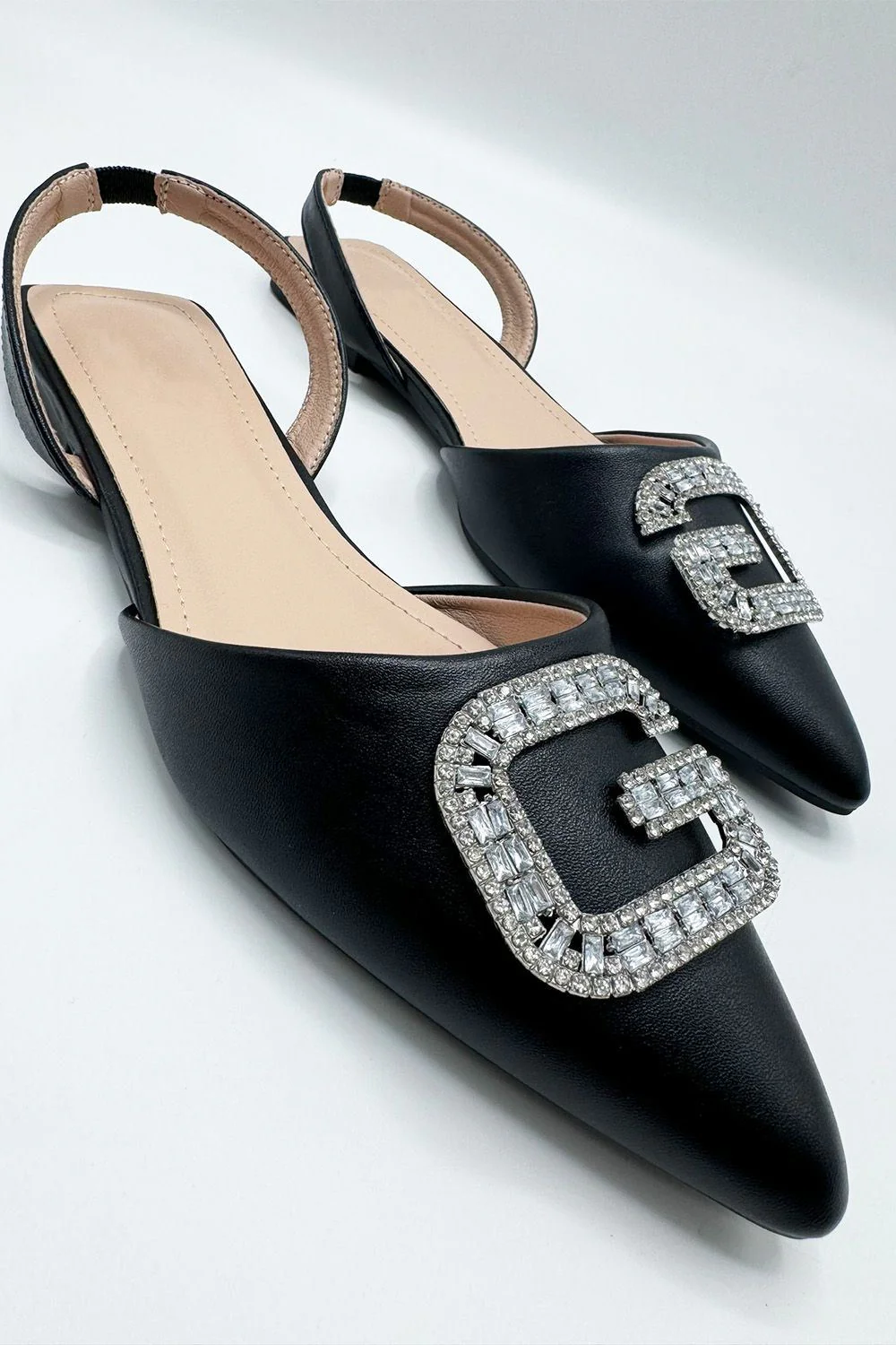 Iona Flat Sling Back Diamante Brooch Flat Mules in Black - Image 2