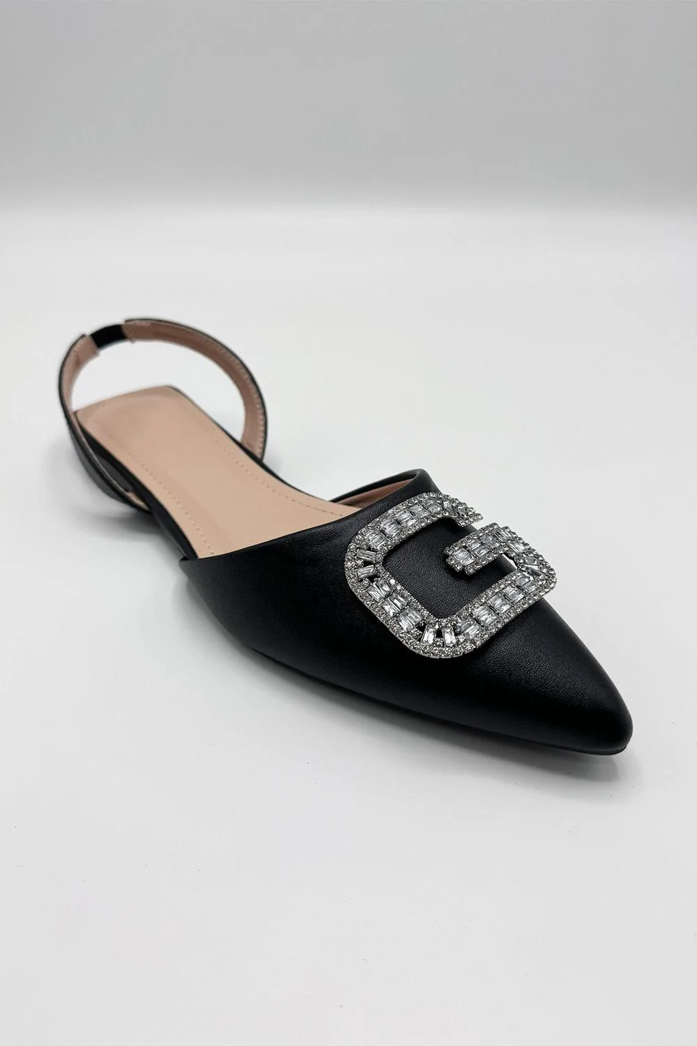 Iona Flat Sling Back Diamante Brooch Flat Mules in Black - Image 3
