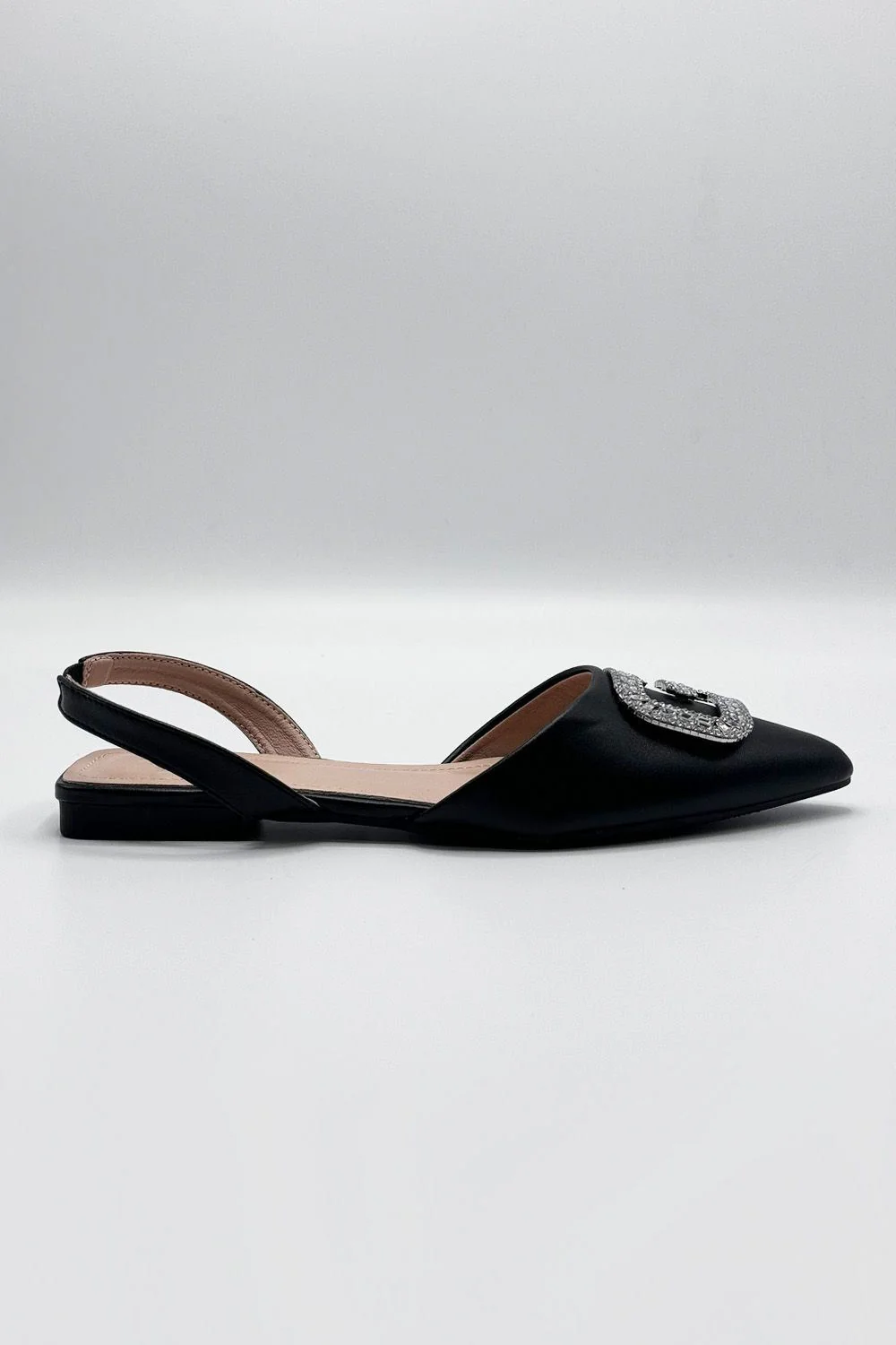 Iona Flat Sling Back Diamante Brooch Flat Mules in Black - Image 4