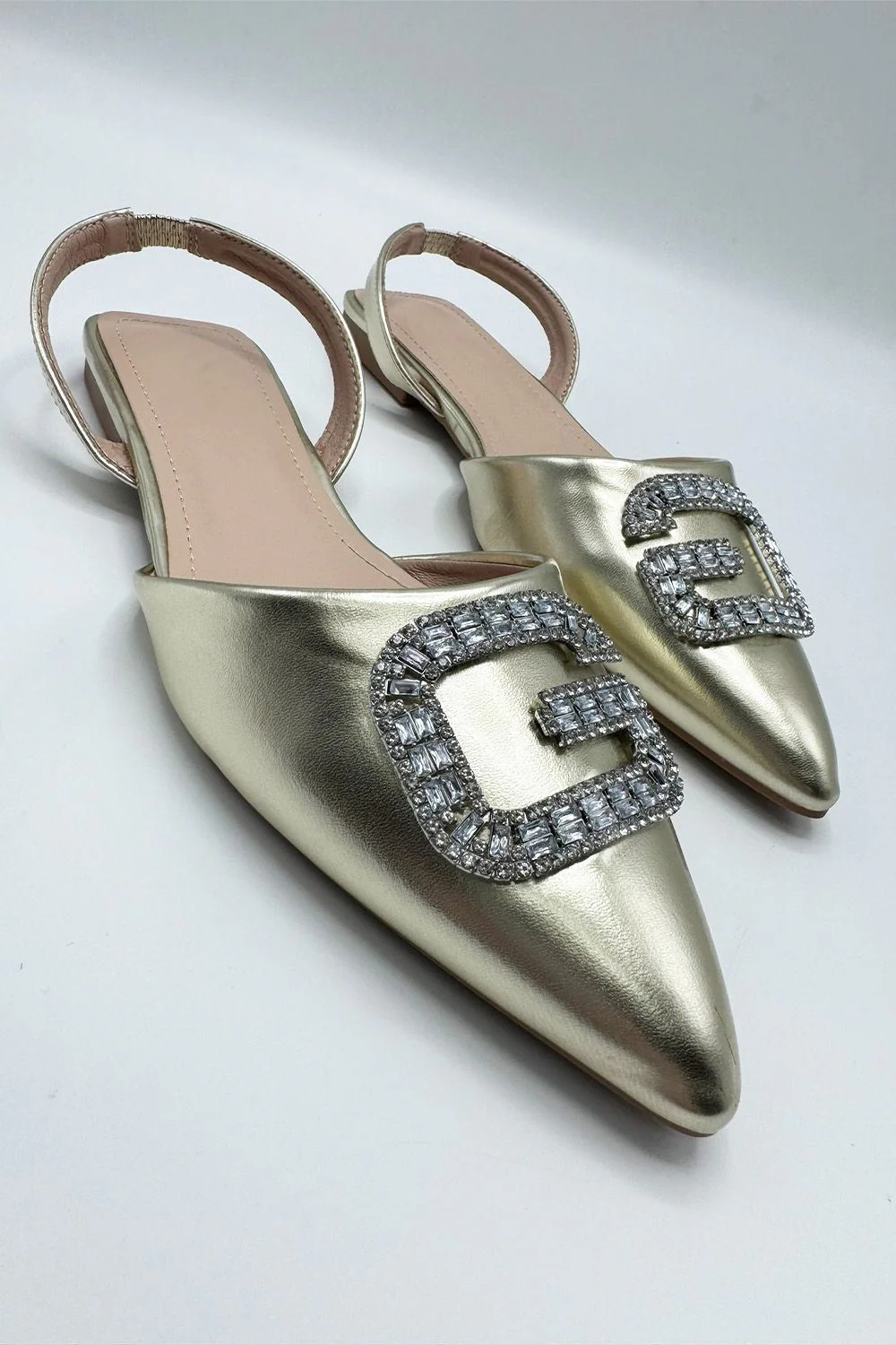 Iona Flat Sling Back Diamante Brooch Flat Mules in Gold - Image 2