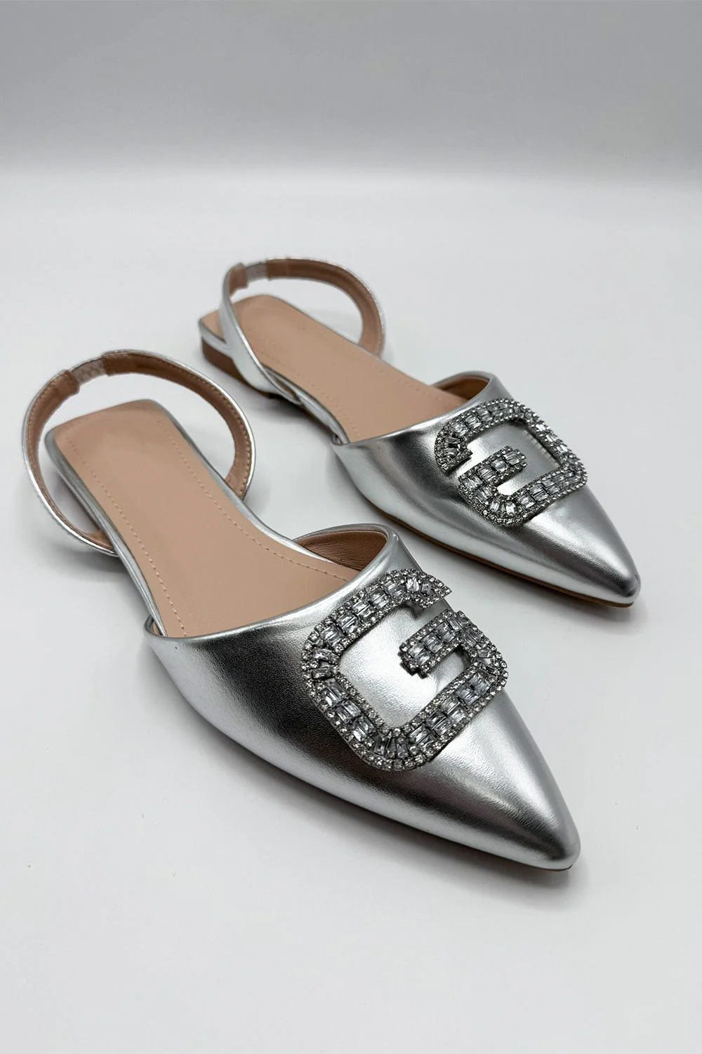 Iona Flat Sling Back Diamante Brooch Flat Mules in Silver