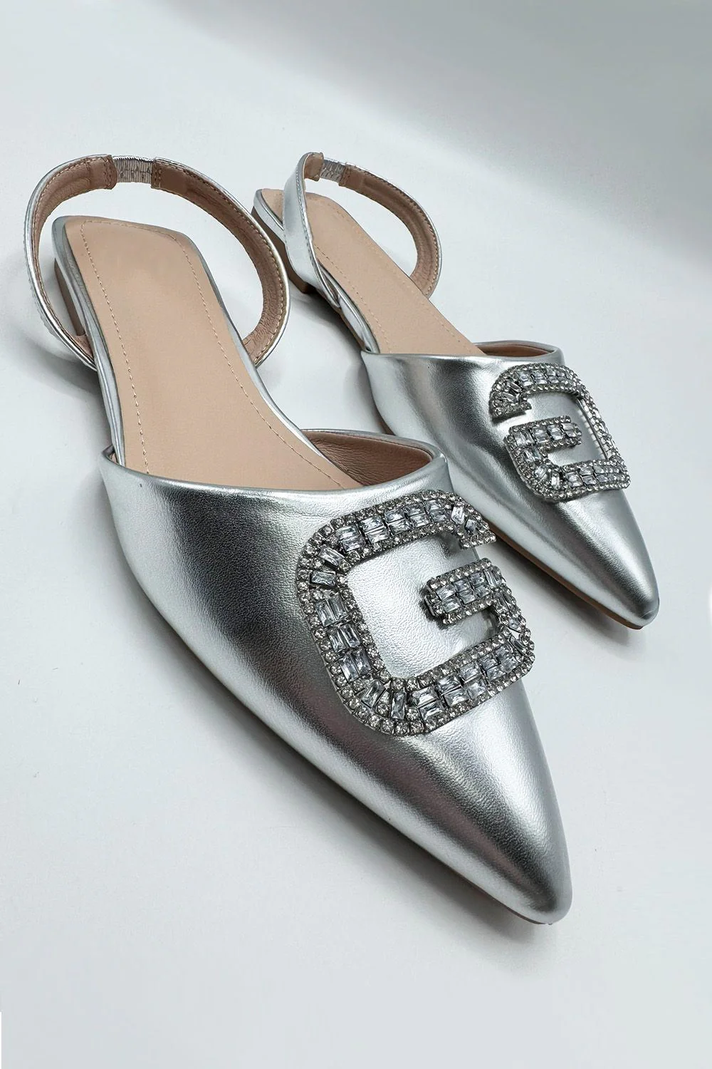 Iona Flat Sling Back Diamante Brooch Flat Mules in Silver - Image 2