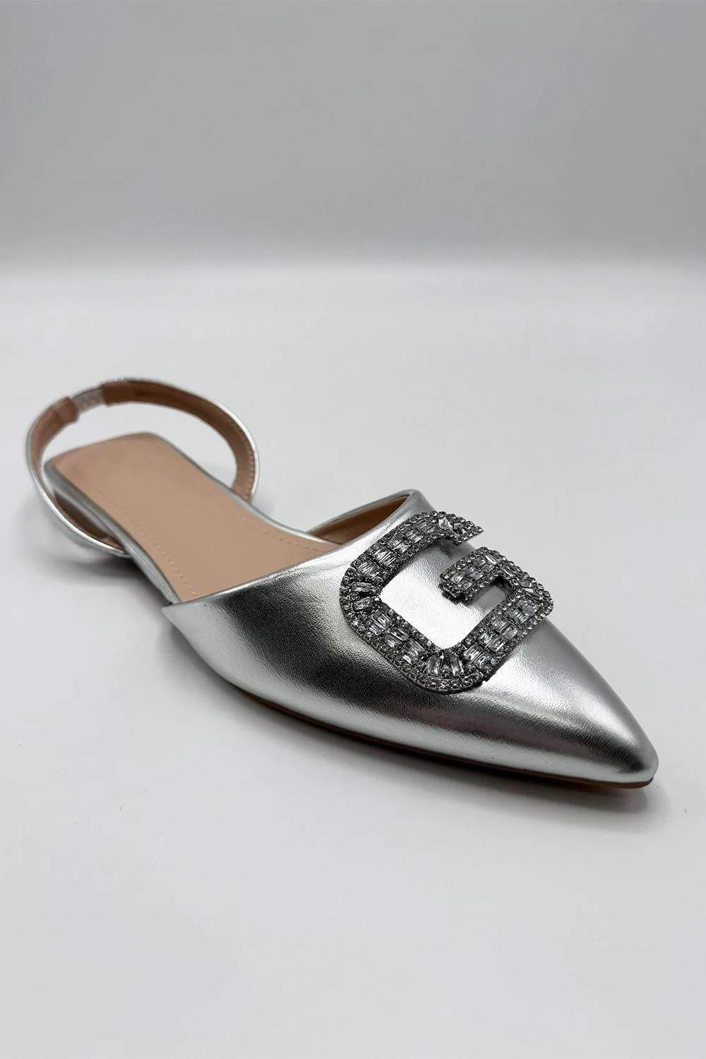 Iona Flat Sling Back Diamante Brooch Flat Mules in Silver - Image 3