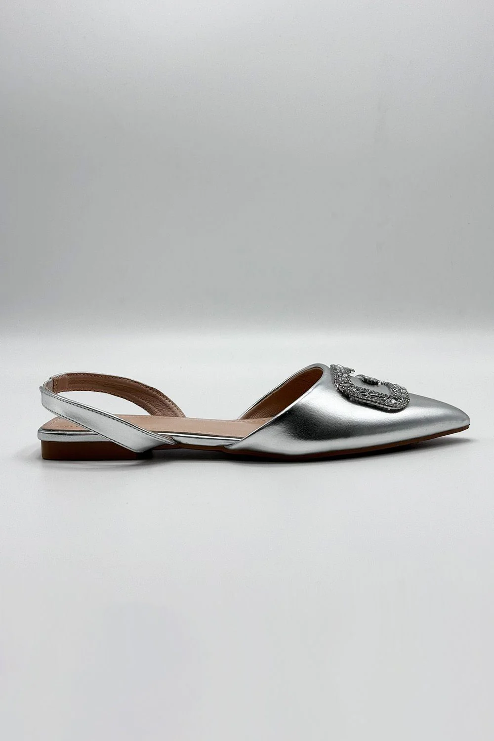 Iona Flat Sling Back Diamante Brooch Flat Mules in Silver - Image 4