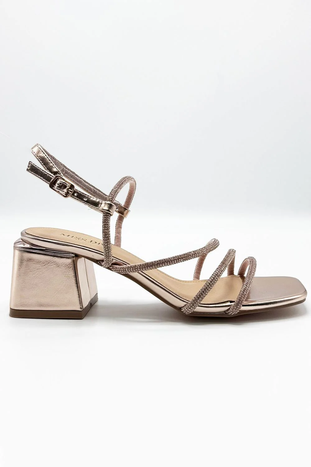 Irene Diamante Embellished 3 Strap Block Heel Sandals in Rose Gold - Image 2