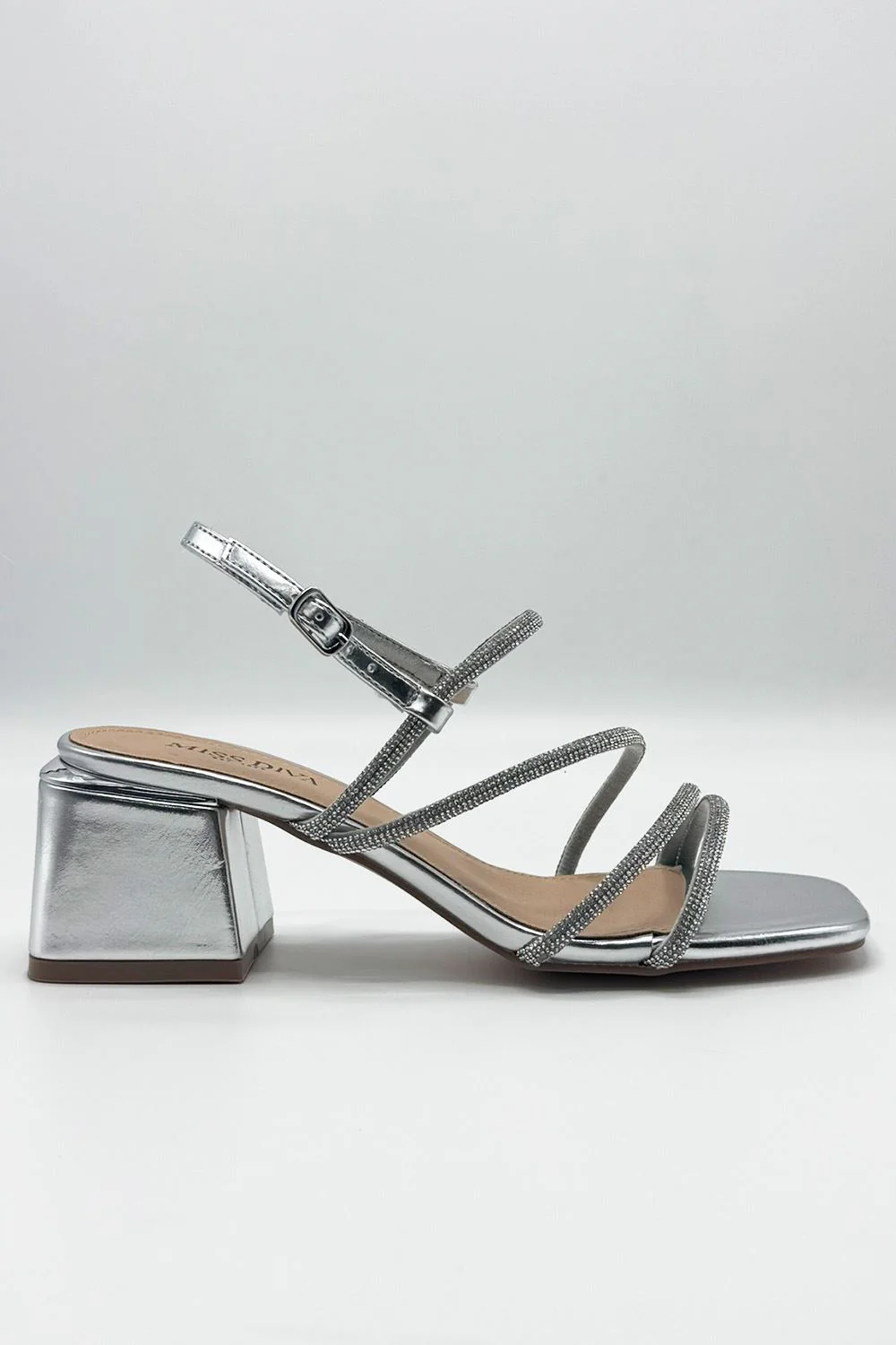 Irene Diamante Embellished 3 Strap Block Heel Sandals in Silver - Image 2
