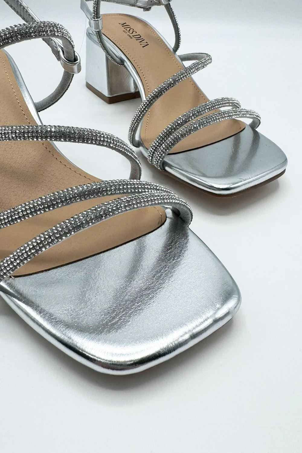 Irene Diamante Embellished 3 Strap Block Heel Sandals in Silver - Image 4