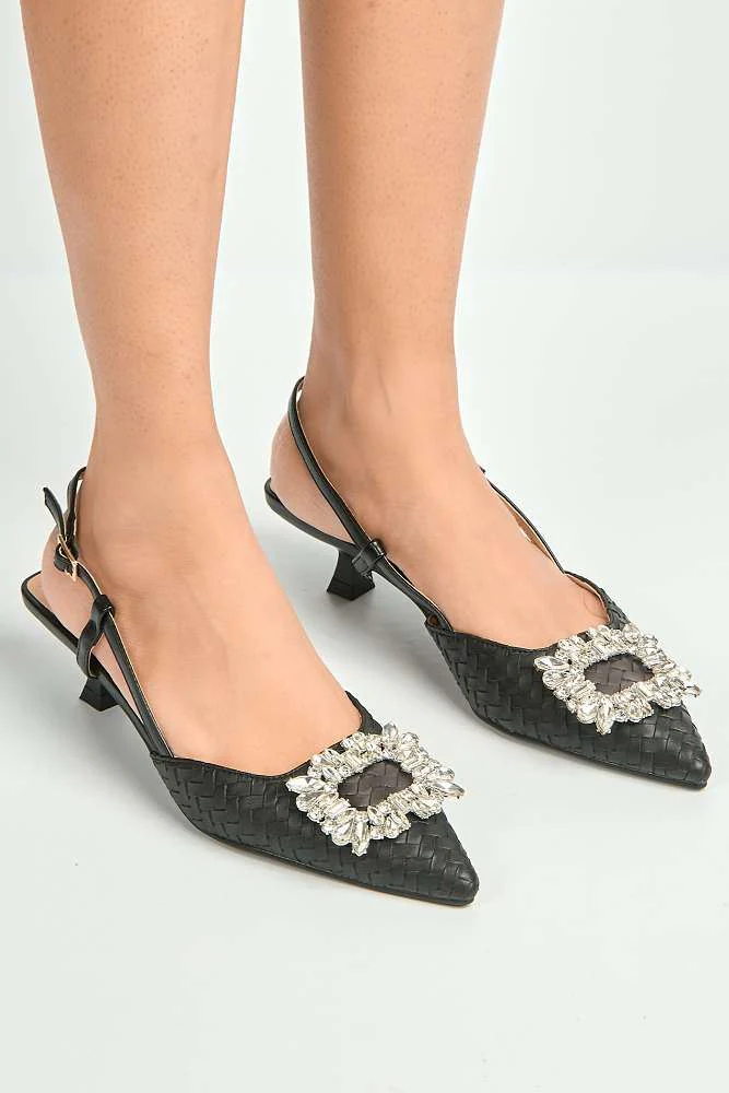 Irina Woven Panel Diamante Broach Slingback Court Shoes in Black - Image 2
