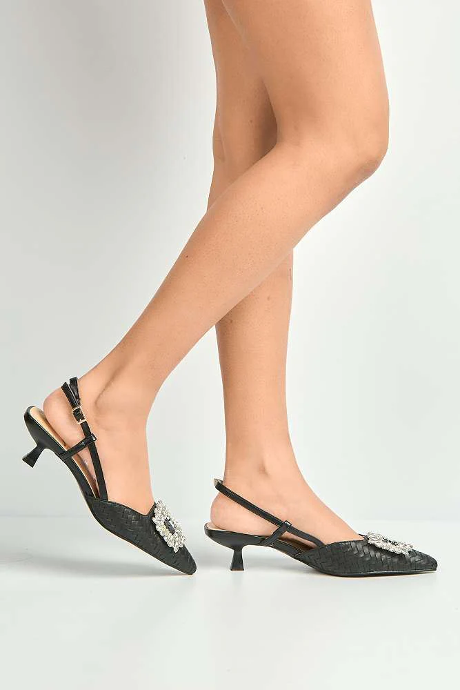 Irina Woven Panel Diamante Broach Slingback Court Shoes in Black - Image 3