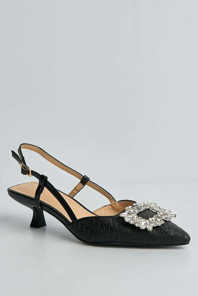Irina Woven Panel Diamante Broach Slingback Court Shoes in Black - Image 4