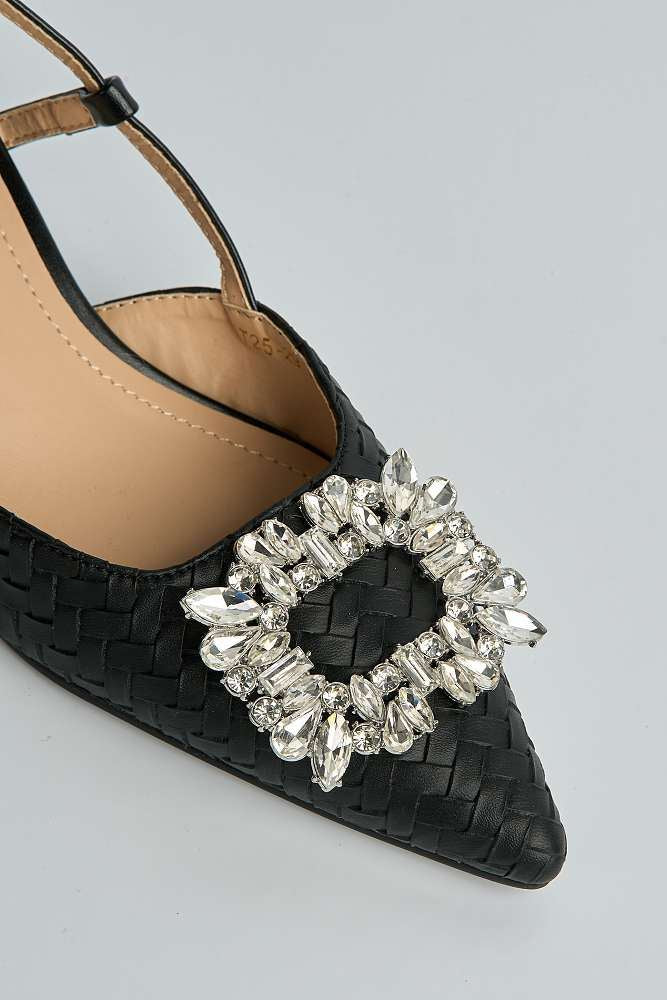 Irina Woven Panel Diamante Broach Slingback Court Shoes in Black - Image 5