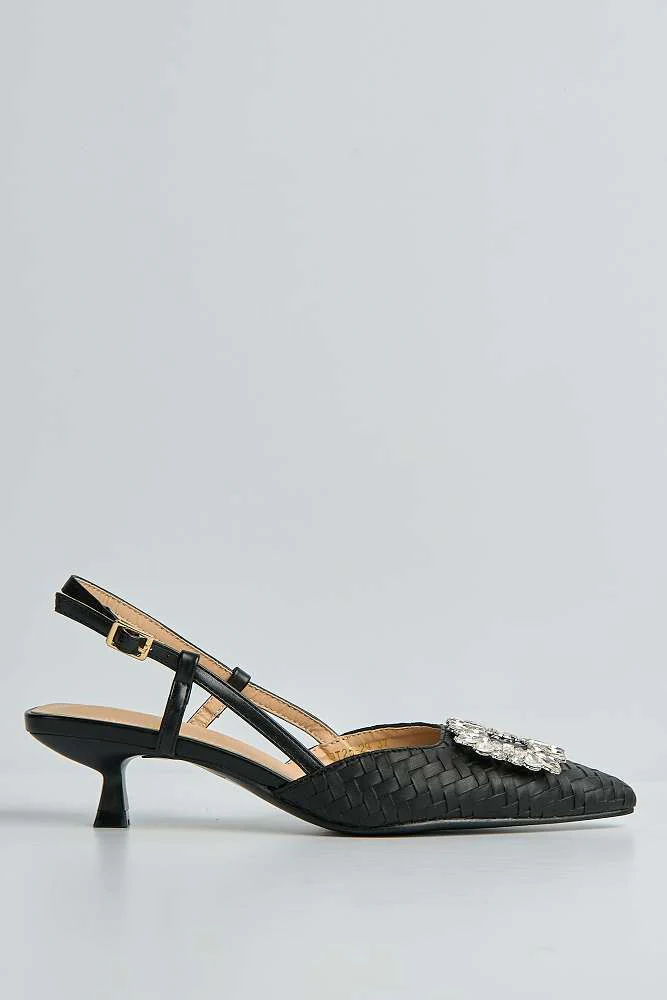 Irina Woven Panel Diamante Broach Slingback Court Shoes in Black - Image 6