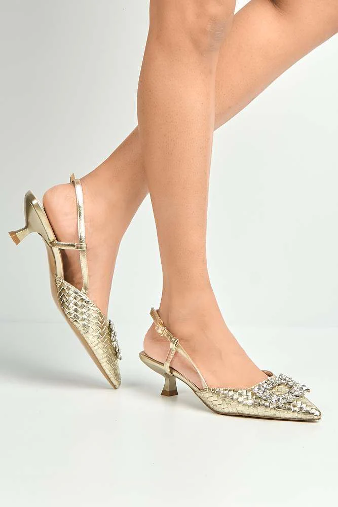 Irina Woven Panel Diamante Broach Slingback Court Shoes in Gold - Image 2